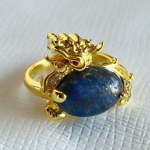 #07 Lapis Lazuli and Simulated Diamond Pixiu Ring in Goldtone (Size 6.0)